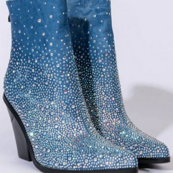 NIB Denim Rhinestone Boots - Picture 3 of 6